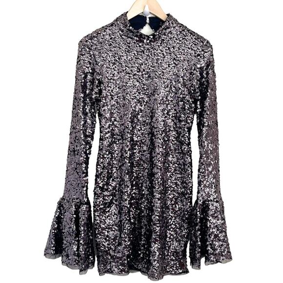 Free People Dresses & Skirts - Free People Mini Dress Size S Black Sequin Disco Bell Sleeve Whimsigoth Party